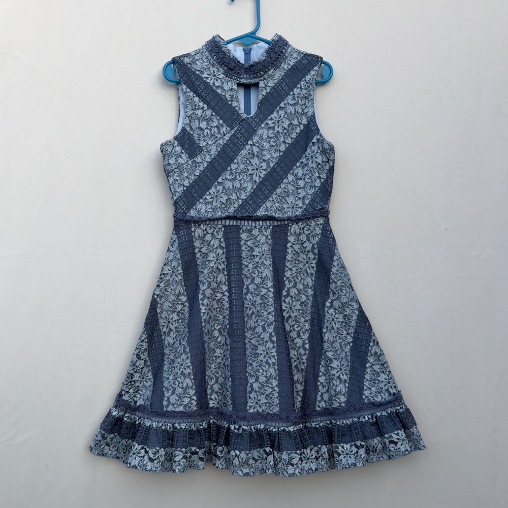 Blush by Us Angels Girls Size 7 Blue Lace Crochet Dress Floral  Mock Neck